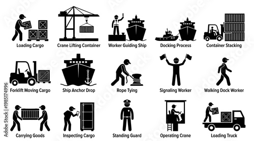 Cargo Shipping Icons: Dockworker Activities, Freight, Logistics, Industry, Glyph Art