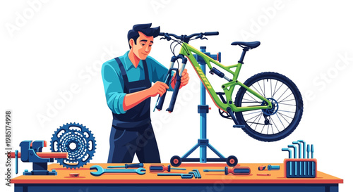 Skilled mechanic meticulously repairs bicycle on workbench.