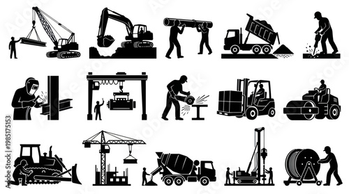 Construction Industry Icons: Heavy Machinery, Workers, Engineering Glyph Art