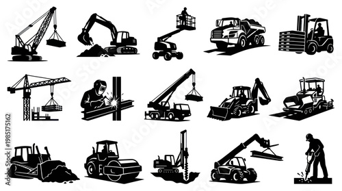 Black and White Construction Vehicles and Worker Icons