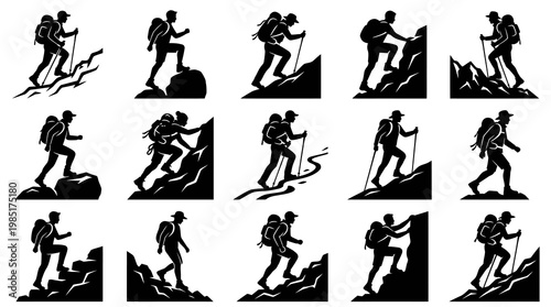Black  White Hiking and Climbing Silhouettes Vector Icons for Outdoor Adventure