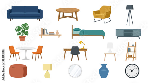 Flat Design Home Furniture and Interior Decor Vector Illustration Set