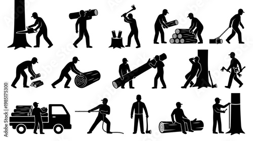Lumberjack Set: Black  White Icons of Logging  Forestry Activities