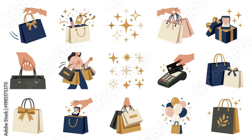 Flat vector illustrations of shopping bags and gifts, e-commerce concept