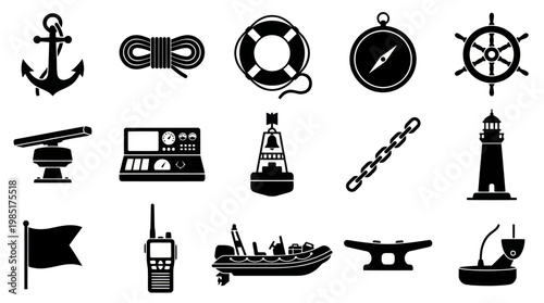 Nautical Icons Set - Anchor, Compass, Lighthouse, Boat, Ship Wheel, Rope, Radar
