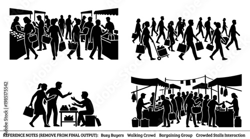 Black  White Silhouette of Busy Market Stalls and Crowded Stalls Interaction