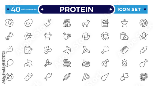 Protein icon collection. Nutrition and Healthy Food Outline Icon Set. A Professional Vector Set Featuring Balanced Diet Planning, Essential Nutrients, and Food Groups. Editable stroke outline icon.