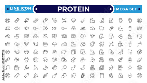 Protein icon collection. Nutrition and Healthy Food Outline Icon Set. A Professional Vector Set Featuring Balanced Diet Planning, Essential Nutrients, and Food Groups. Editable stroke outline icon.