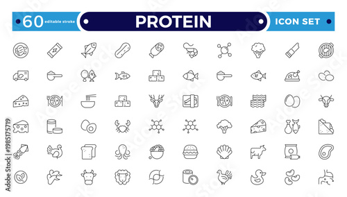 Protein icon collection. Nutrition and Healthy Food Outline Icon Set. A Professional Vector Set Featuring Balanced Diet Planning, Essential Nutrients, and Food Groups. Editable stroke outline icon.