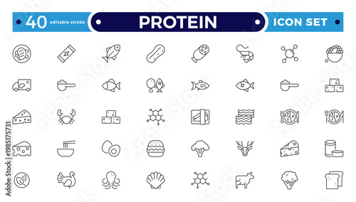 Protein icon collection. Nutrition and Healthy Food Outline Icon Set. A Professional Vector Set Featuring Balanced Diet Planning, Essential Nutrients, and Food Groups. Editable stroke outline icon.