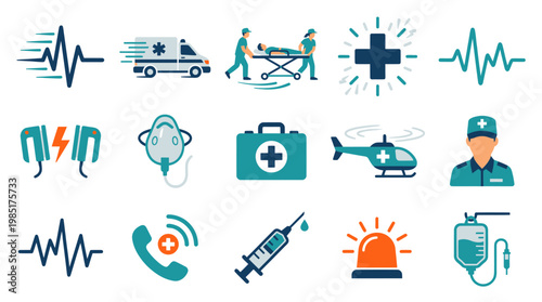 Medical Flat Icons Set: Ambulance, Heartbeat, Syringe, Doctor, Helicopter