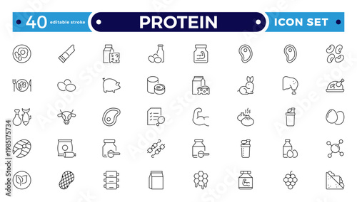 Protein icon collection. Nutrition and Healthy Food Outline Icon Set. A Professional Vector Set Featuring Balanced Diet Planning, Essential Nutrients, and Food Groups. Editable stroke outline icon.