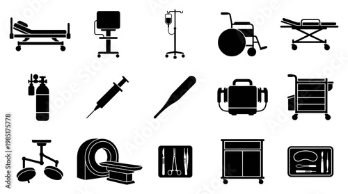 Medical Equipment Icons - Black and White Glyph Style