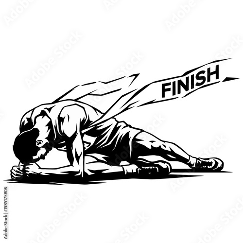 Vector graphic showing a male athlete, utterly exhausted, having just crossed the finish line, representing peak effort and triumphant completion of a race.