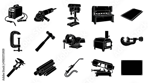 Black and white glyph icons of metalworking tools and equipment.