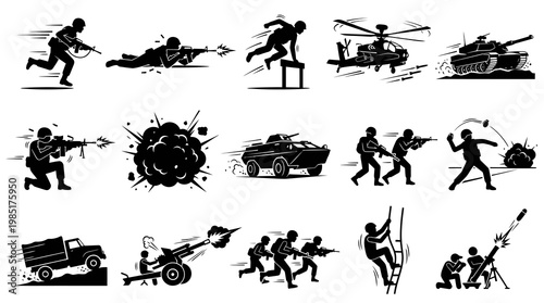 Military Icons: Soldiers, Tanks, Helicopters, Explosions, Weapons, Vector Art
