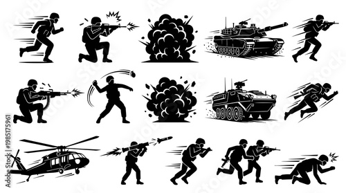 Military Combat Soldiers and War Vehicles Black White Silhouette Vector Icons Set