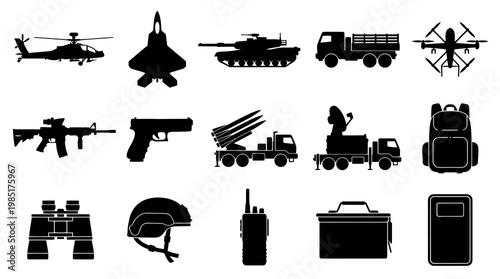 Military Equipment Icons - Black  White Vector Symbols