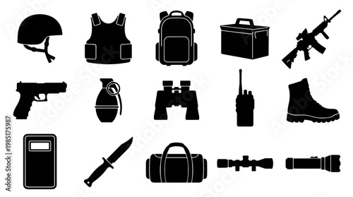 Black  White Silhouette Icons of Tactical Gear and Weapons