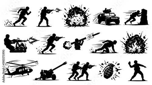 Military Combat Soldiers and Vehicles Black and White Vector Icons