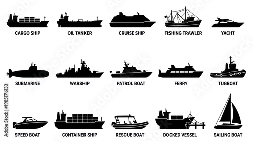 Ships and Boats Icons - Black and White Vector Set