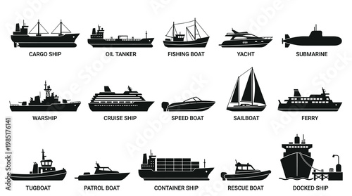 Set of Marine Ships and Boats Silhouette Icons. Water Transportation Vector Collection.