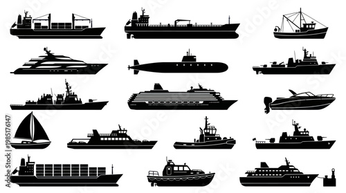 Maritime Transportation Vessels Silhouette Icon Set - Ships and Boats Glyphs