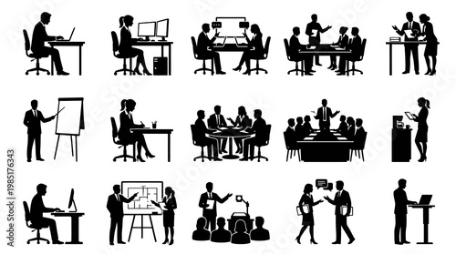 Business Meeting Silhouettes: People in Office, Conference, Presentation Scenes