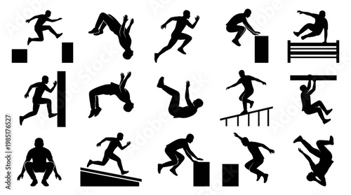 Parkour Free Running Vector Silhouettes: Urban Extreme Sport Movement Icons Set
