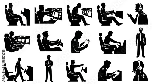 Pilot Icons: Cockpit, Control, Flight, Aviation, Transportation, Technology, Industry