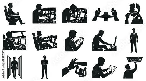 Pilot Icons: Aircraft Cockpit, Control Panel, Navigation, Flying Actions