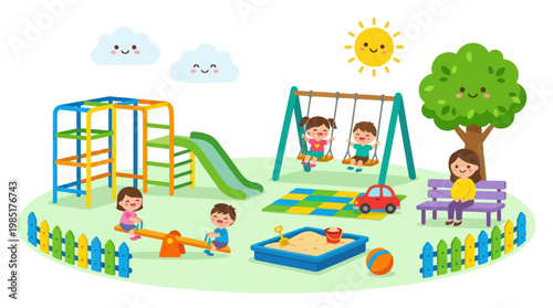 Cute Cartoon Playground With Kids, Swings, Slide, Sandbox, And Tree