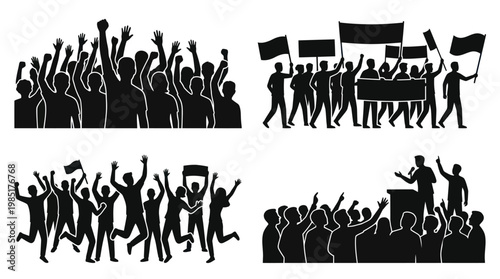 Black and white silhouettes of a protest, demonstration, and rally crowd