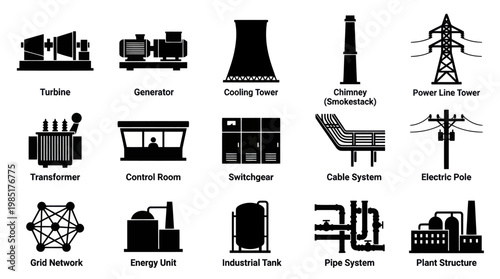 Power Plant Equipment Icons: Industry, Glyph, Vector, Black and White