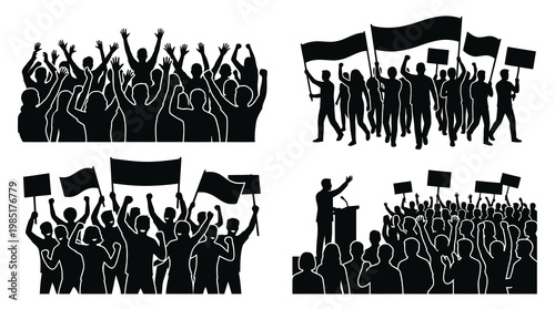 Silhouette Crowd Protesting with Flags and Signs, Political Rally Vector Art