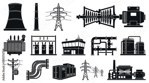 Power Plant Icons Set, Electricity Industry, Black Glyph Style