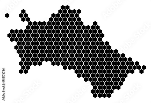 Turkmenistan simple black and white hexagon map shape template. Country plain hexagon cell dots. Turkmenistan flat honeycomb boundary. Vector Illustration.