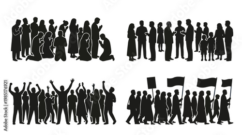 Black and white vector illustrations of diverse group of people in various poses