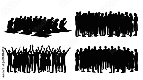 Silhouettes of people praying, standing, and raising hands, religious and protest themes