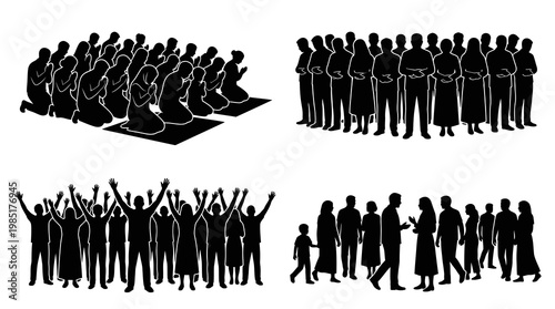 Islamic prayer and community gathering silhouettes