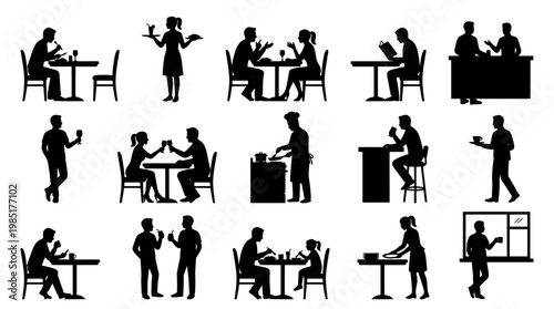 Black  White Silhouettes of People in Restaurant Dining and Serving