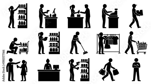 Black  White Glyph Icons: Retail  Shopping Activities, Store Employees, Customers
