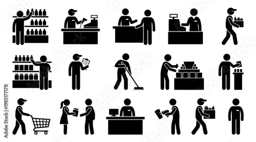 Supermarket Staff Icons: Shopping, Checkout, Stocking, Cleaning, Delivery