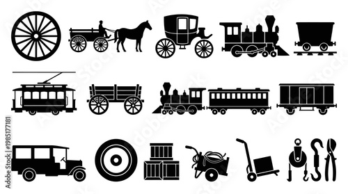Historical Transportation, Industrial Equipment and Vehicles Silhouette Icons Set
