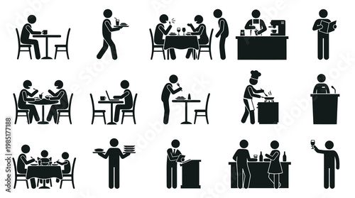 Black  White Icons: Restaurant, Dining, Food Service, Chef, Barista, Customers