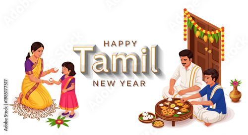 Vector illustration depicting a Tamil New Year celebration, where a mother is giving money to her daughter, while another family is preparing a feast, set against a clean white background