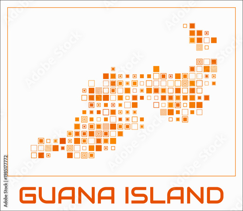 Guana Island digital style map. Large square dots on white background. Dotted shape of the island. Vector map and title. Classy vector illustration.