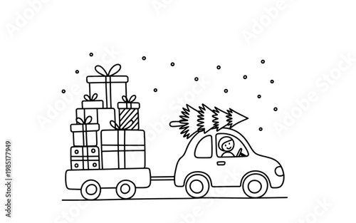 Toy truck carrying wrapped gifts and a small wooden sled Vector