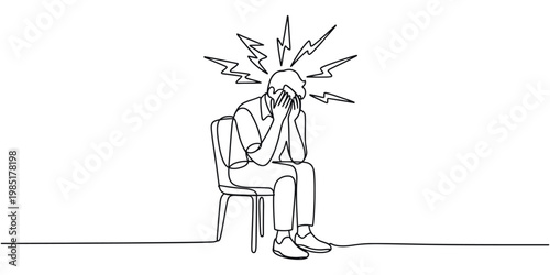 Headache and stress illustration, single line art style, man sitting with pain symbols around head, representing migraine, anxiety, and emotional strain, minimalist vector design