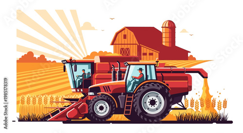 Two modern red combines harvesting a golden wheat field.